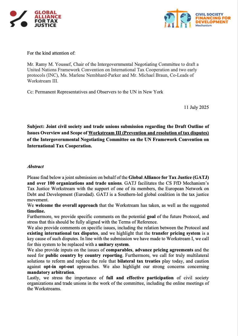 Joint Civil Society and Trade Unions Submission on Draft Issue Note of Worksteam III of the INC on the UN Framework Convention on International Tax Cooperation